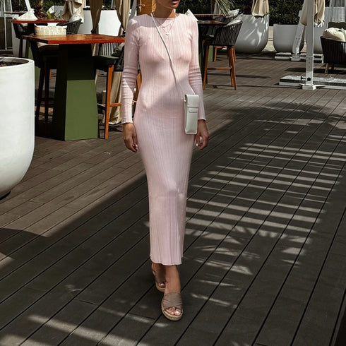 Women Spring Autumn Solid Color Bodycon Knit Dress Long Sleeve Crew Neck Ribbed Dress Slim Fit Long Dress for Effortless Elegance