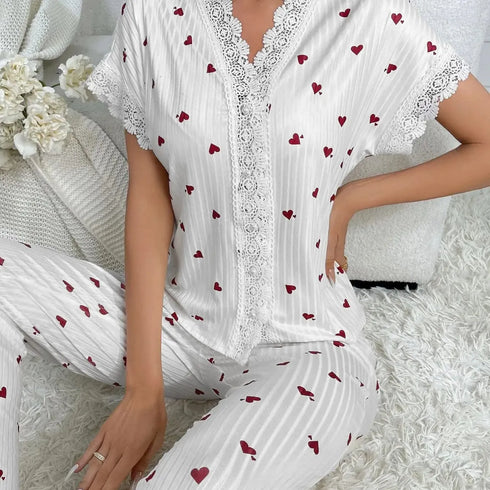 Heart Print Lace Trim Pyjama Set for Women