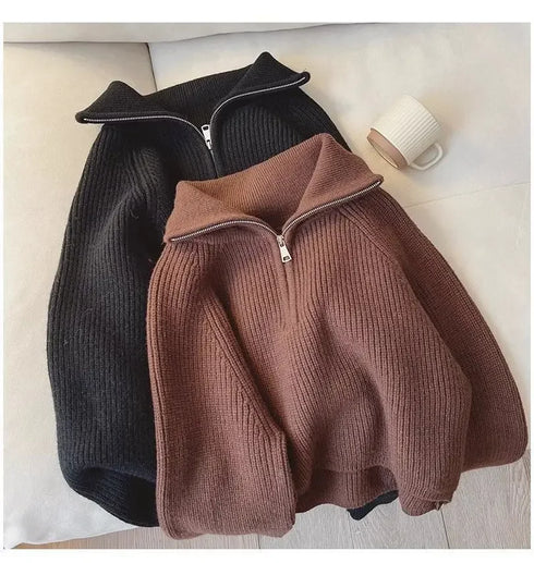 Half Zip Collar Knitted Sweater for Women