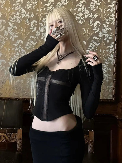 Genayooa Y2k Fairycore T Shirt Women Lace Patchwork Crop Tops Streetwear Japanese 2000s Grunge Tops E-girls Aesthetic Tshirts