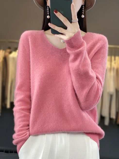 100% Merino Wool V-Neck Pullover Sweater for Women