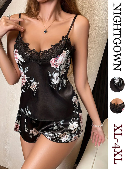 Plus Size Floral Pyjama Set - Black with Lace Trim