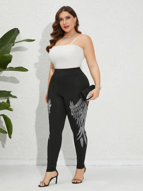 Plus Size High-Stretch Leggings with Rhinestone Wings