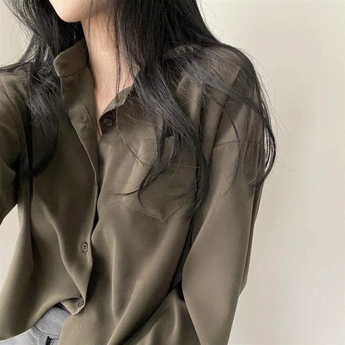 Long Sleeve Casual Blouse with Pockets