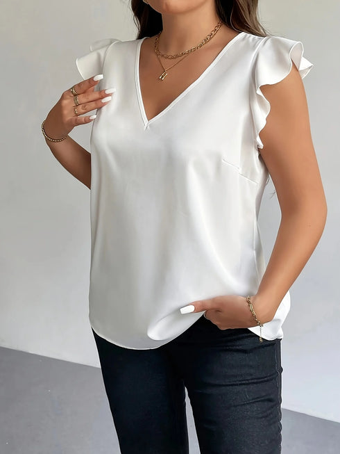 Plus Size Women's White Satin Blouse with Ruffle Sleeves