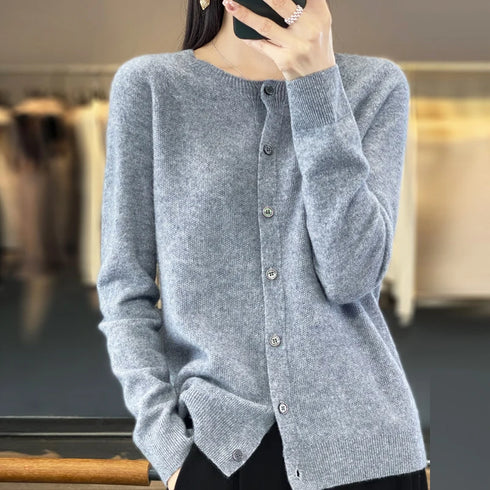 100% Pure Merino Cashmere O-Neck Cardigan for Women