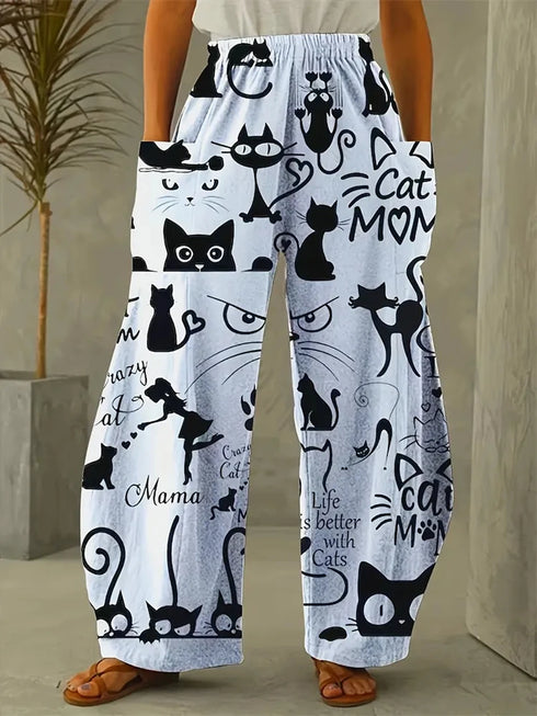 Women's Cartoon Cat Loose Wide-Leg Pants