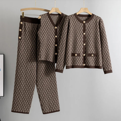 Elegant 3-Piece Knitted Set with Long Sleeve Sweater Coat