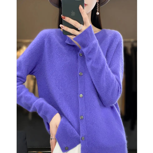 100% Pure Merino Cashmere O-Neck Cardigan for Women