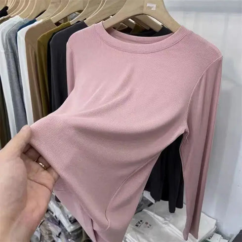 Slim Fit O-Neck Long Sleeve Top for Women