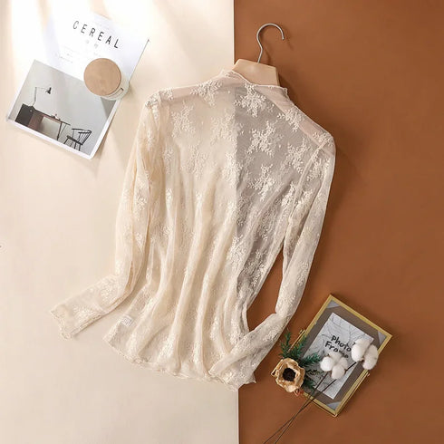 Lace Detail Turtleneck Long Sleeve Blouse