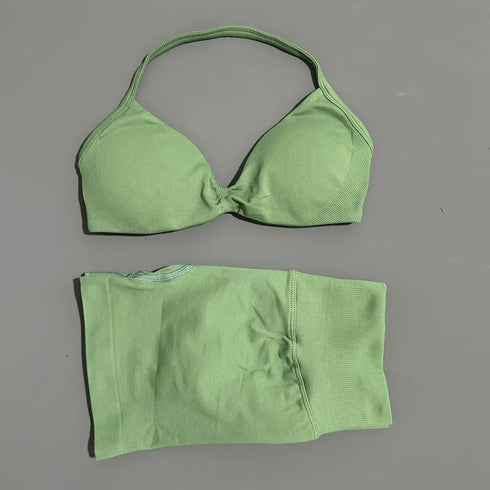 HISTELLO Women's Seamless Yoga Set with Strappy Bra and Shorts