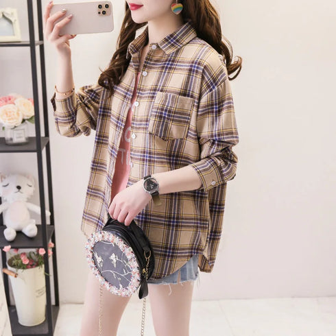 Loose Fit Cotton Plaid Shirt for Women