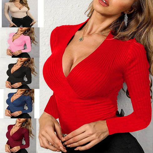 Slim Fit V-Neck Knitted Long-Sleeved Top