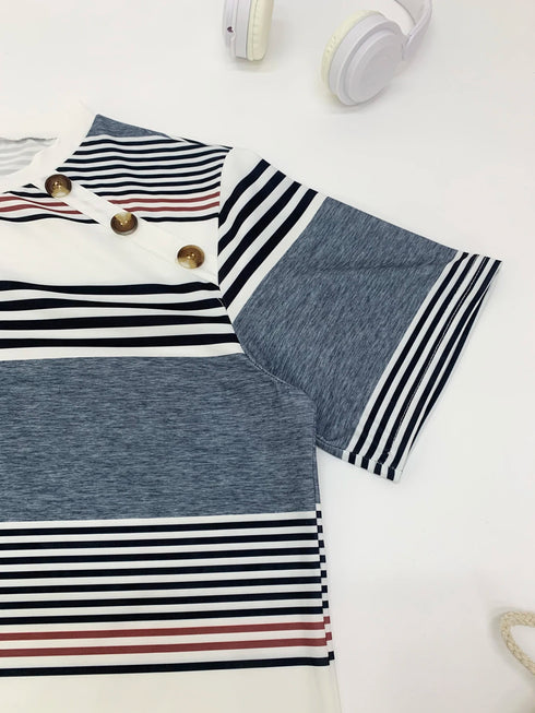 Plus size women's elegant short-sleeved top casual round neck T-shirt with fake buttons striped knitted fabric