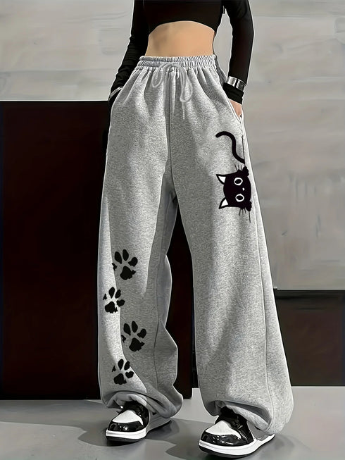 Women's Plus-Size Casual Cat Paw Print Sweatpants