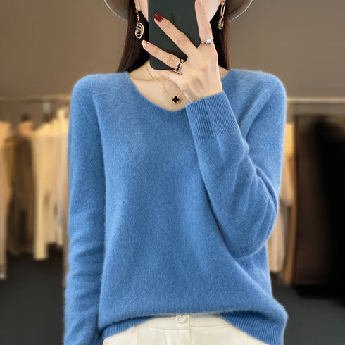 100% Merino Wool V-Neck Pullover Sweater for Women