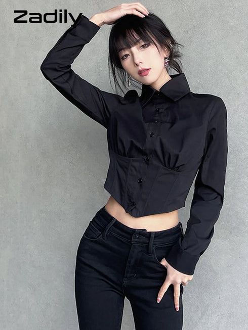 Zadily Long Sleeve Button-Up Crop Top in Black