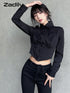 Zadily Long Sleeve Button-Up Crop Top in Black