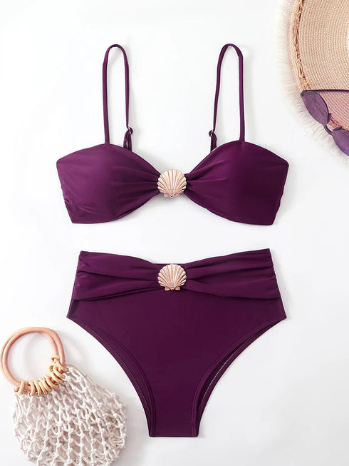 High Waist Bandeau Bikini Set in Purple