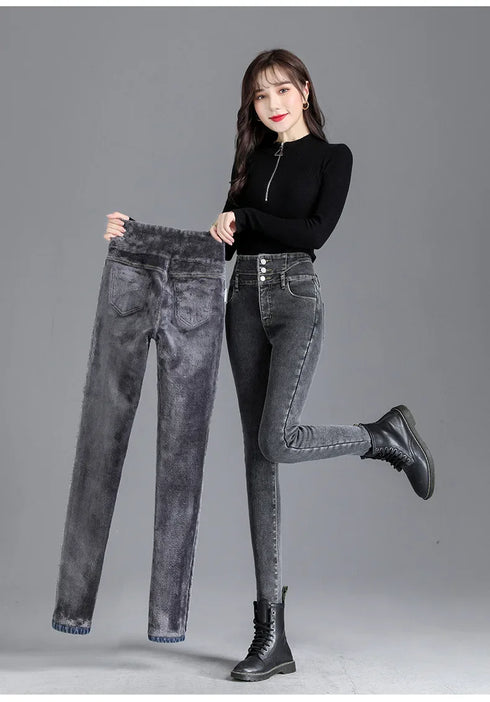 Women's Fleece-Lined High-Waisted Slim Fit Jeans