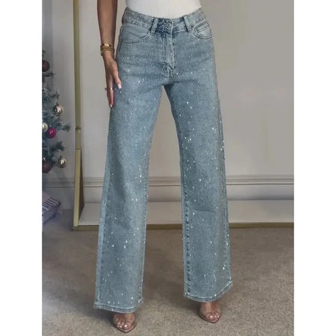 High Waist Straight Leg Denim Jeans with Diamond Detail