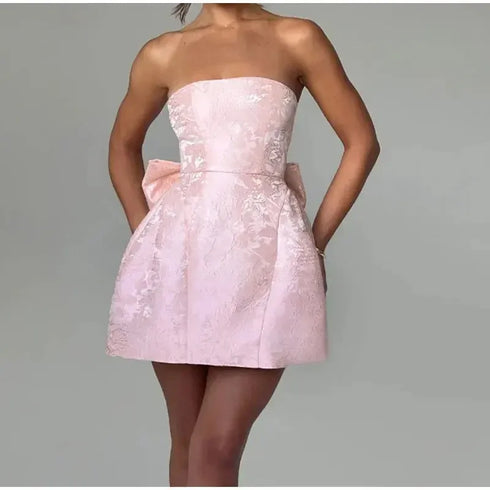 Women's Jacquard Dress Elegant Temperament Mini Skirt Pleated Skirt Tie Up Bow Slim Fit Clothing Sexy Party