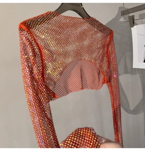 Hollow Out Rhinestone Long Sleeve Crop Top