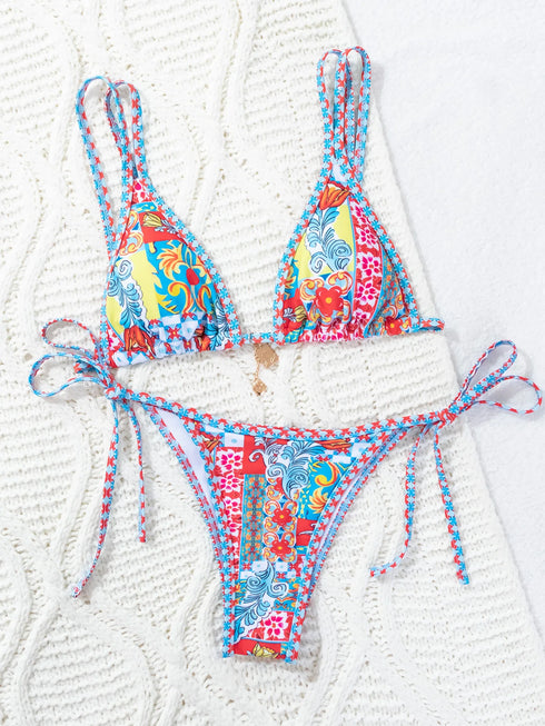 Floral Print Triangle Bikini Set with Brazilian Bottoms