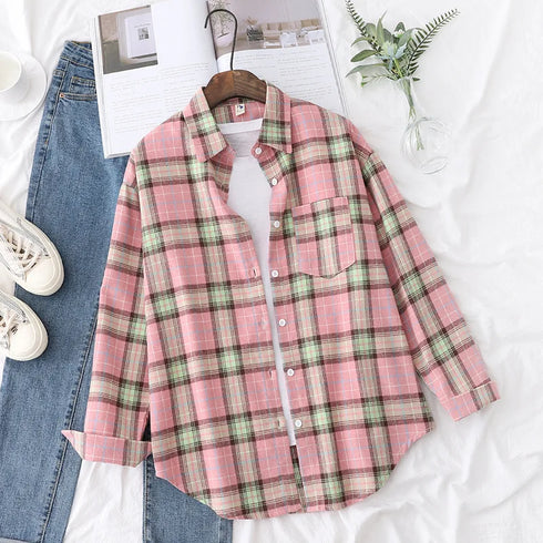 Loose Fit Cotton Plaid Shirt for Women
