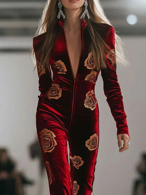 Elegant Velvet Wide Leg Jumpsuit with Deep V Neck