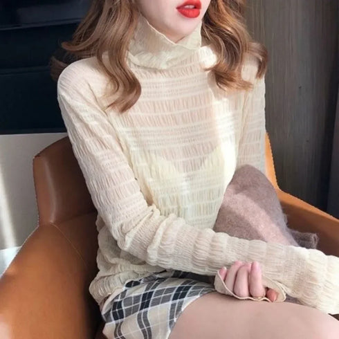 Lace Detail Turtleneck Long Sleeve Blouse