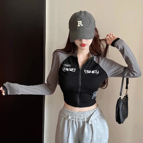 Korean Retro High Neck Cropped Top with Zipper