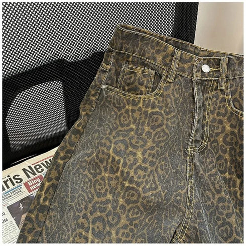 High Waisted Leopard Print Wide Leg Jeans