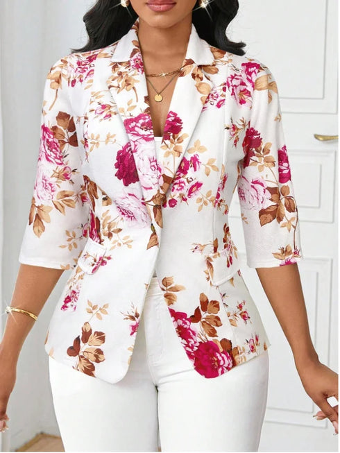 Floral Printed Autumn Blazer with Three Quarter Sleeves