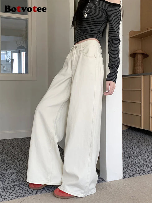 Botvotee White Baggy High Waisted Jeans for Women