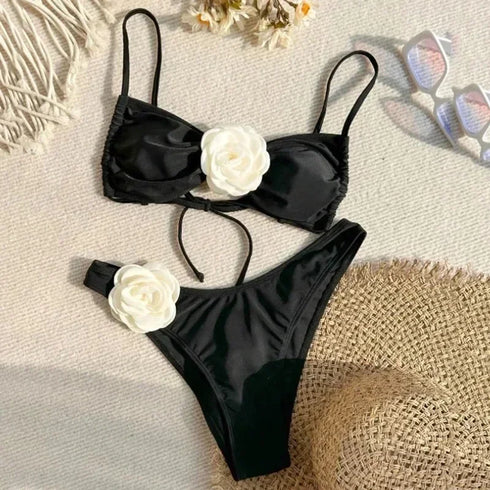 Floral Bandeau Thong Bikini Set for Women