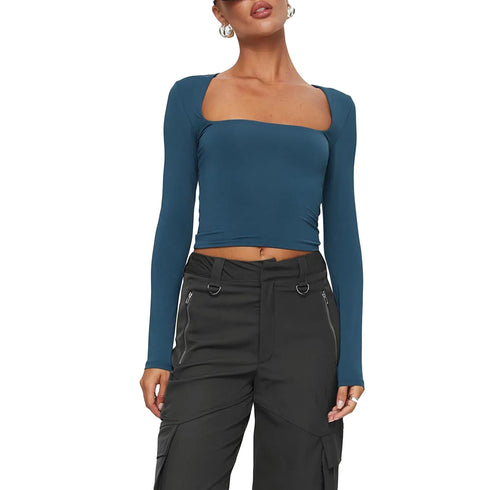 Women's Slim Fit Crop Tops Fashion Long Sleeve Square Neck Solid Color Pullover Basic T-Shirt Dressy Blouses 2024 New Streetwear