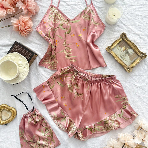 3 Pcs Floral Silk Pyjama Set with Shorts & Bag