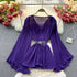 Purple Solid Casual Pullover V-Neck Loose Flare Sleeve Folds No Belt Women's Blouse Shirt Female Clothing Tops 2024 Fashion