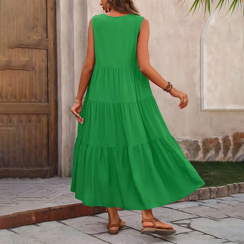 Women's Ankle-Length Pleated Sundress in Green