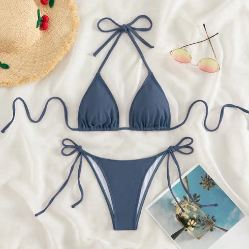 Blue Mi-Grid Bikini Set for Women