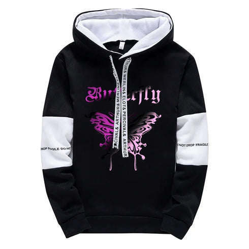 Girls Urban Fashion Hooded Sweatshirt with Butterfly Print