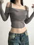 Women's Y2K Streetwear Solid Slash Neck Crop Top Sexy Off-Shoulder Long Sleeve Slim Mesh Tee Straps T-Shirt