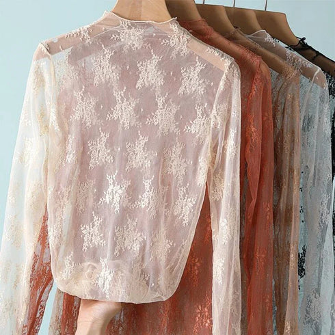 Floral Lace Turtleneck Blouse for Women