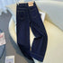 High Waisted Wide Leg Denim Trousers in Navy Blue