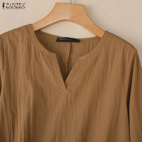 2025 ZANZEA Autumn Blouse Women V Neck Long Sleeve Tops Casual Solid Loose Shirt Female OL Work Blouses Retro Tunic Blusas Mujer