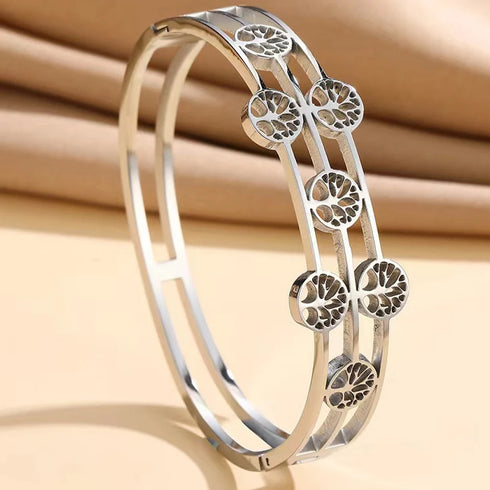 Women's Luxury Designer Bangle Stainless Steel Tree of Life Cuff Bracelet for Women