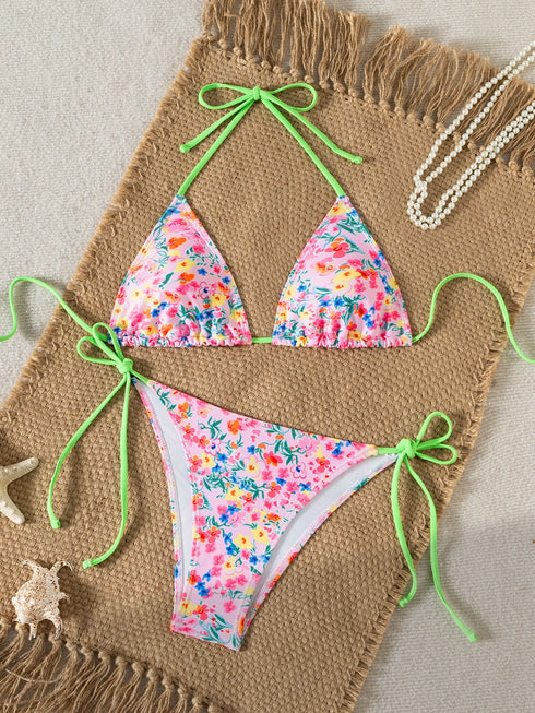 Floral Print Triangle Bikini Set with Brazilian Bottoms