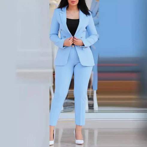 Notched Neck Blazer & High Waist Pants Set for Women